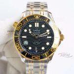 Swiss Replica Omega Seamaster Two tone Black Wave Dial SS Watch